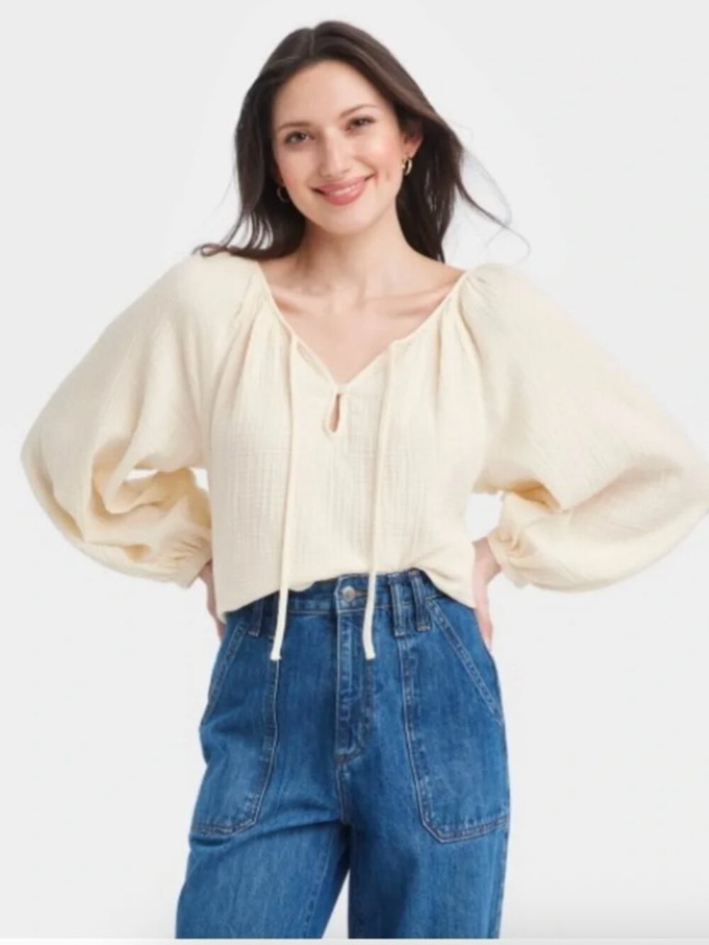 Universal Thread Cream Gauzy Tie Front Puff Sleeve Top